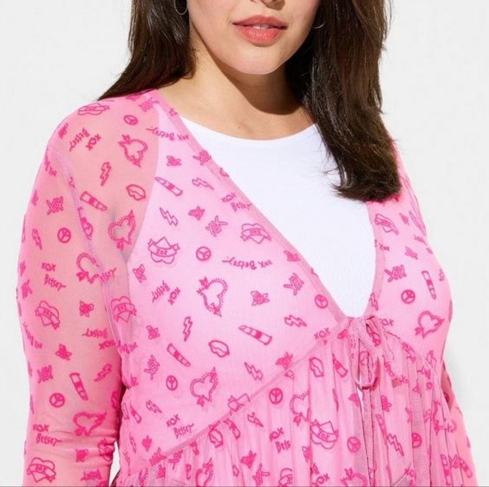 Torrid Size 0 Betsey Johnson Mesh Tie Front Long Sleeve Pink Kimono - Picture 3 of 5